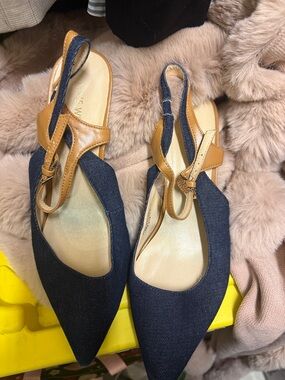 Nine West Navy Denim and Tan Slingback Pointed Flats